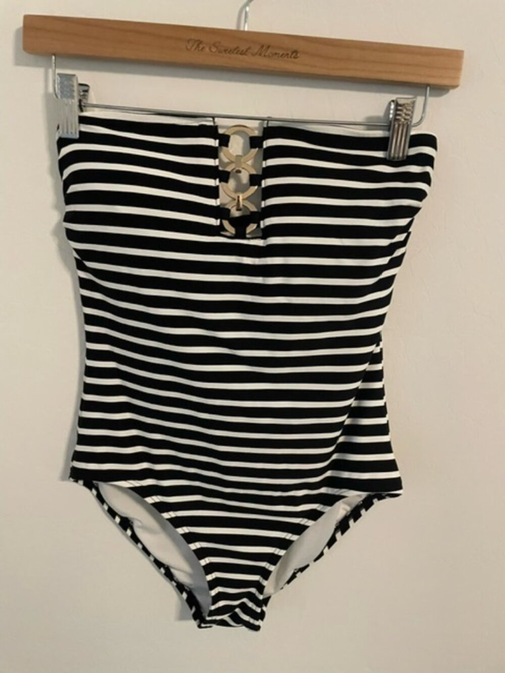 Michael Kors Stripe One Piece Swim Bathing Suit bandeau top/gold hardware 6
